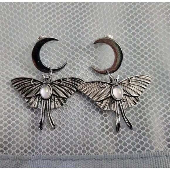 ✨“Celestial Moth & Moon Drop Earrings – Iridescent Gemstone Accent” - Picture 8 of 16